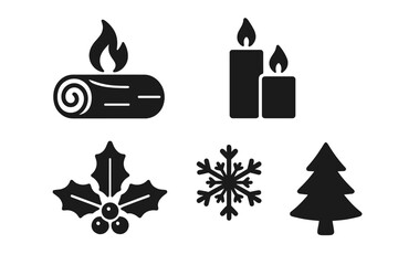 Winter holiday solid icon set. Yule log, burning candles, holly berry, snowflake, pine tree. Christmas and winter solstice celebration vector symbol silhouette collection.