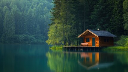Fototapeta premium A tranquil lakeside cabin surrounded by lush trees, reflecting beautifully in the calm water, creating a serene natural setting.