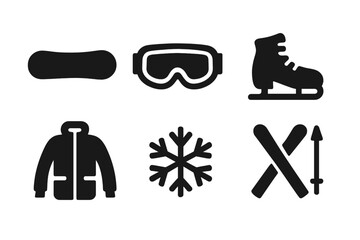 Winter sports solid icon set. Glyph vector collection of snowboard, ski goggles, ice skate, winter jacket, snowflake and skis symbols. Active lifestyle equipment graphics.