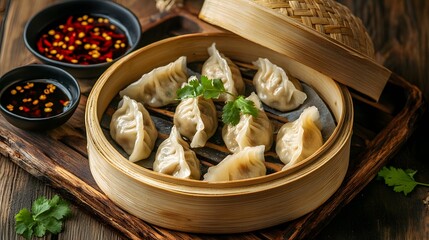 Steamed Dumplings in Bamboo Steamer with Dipping Sauces and Herbs
