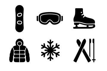 Winter sports solid glyph icon set. Simple black silhouette collection for winter activities. Vector icons of snowboard, skis, goggles, ice skate, jacket, and snowflake.