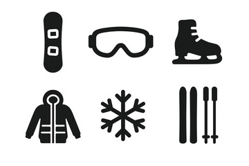 Winter sports solid glyph icon set. Snowboard, ski, goggles, ice skate, jacket, snowflake. Vector design elements. Extreme winter activity symbol collection for web design.