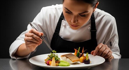 Chef plating gourmet fish dish with tweezers on dark background