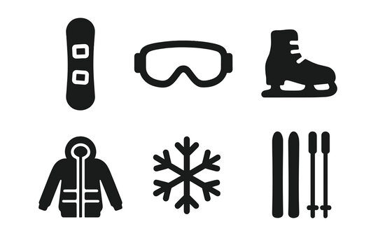 Winter sports solid glyph icon set. Snowboard, ski, goggles, ice skate, jacket, snowflake. Vector design elements. Extreme winter activity symbol collection for web design.