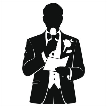 Elegant Black Silhouette of Speaker in Tuxedo with Microphone and Notes, Formal Event Host, Wedding MC, Gala Emcee, Vector Illustration for Presentations, Invitations, and Professional Gatherings