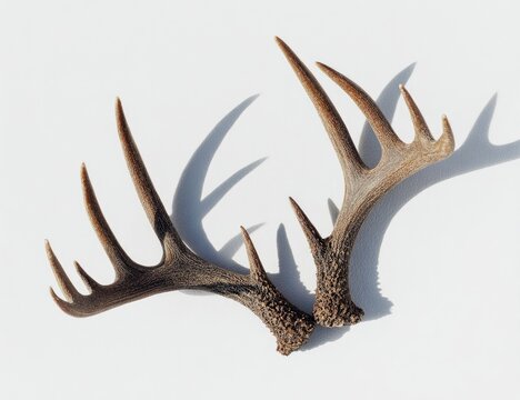 Two delicate, light brown deer antlers rest on a white surface.  Shadows are cast