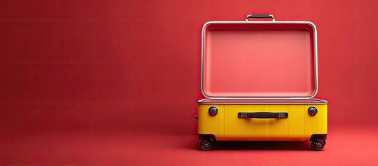 Open yellow suitcase against a vibrant red background
