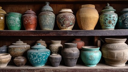 Aged pottery jars arranged on wooden shelves