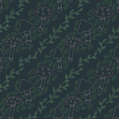 Seamless pattern with mushrooms and leaves