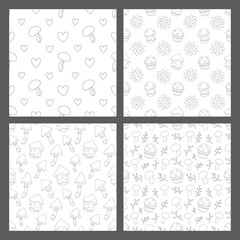 Coloring book seamless patterns set with mushrooms