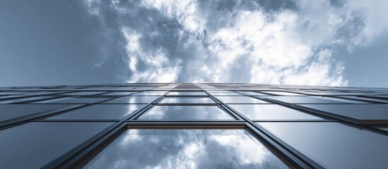 Modern skyscraper facade reflecting a dramatic sky