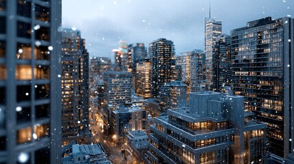 A wintry cityscape panorama showcases numerous illuminated skyscrapers, blanketed in falling snow, creating a serene and magical winter scene.