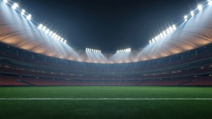 Empty soccer stadium illuminated by bright floodlights at night with green field