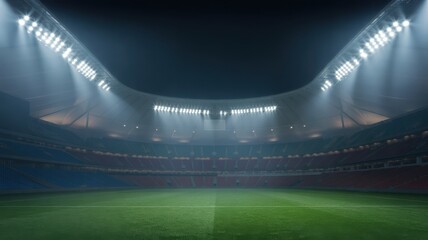 Empty soccer stadium illuminated by bright floodlights on a dark night