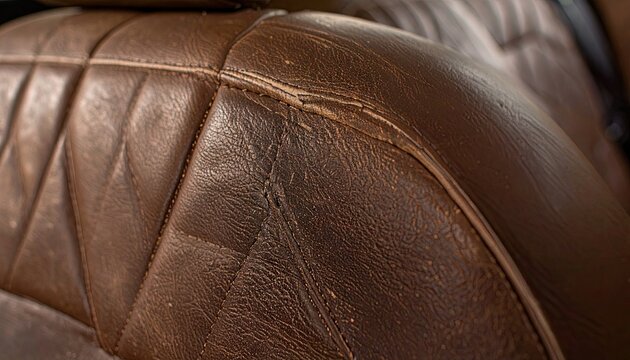 Fototapeta Close-Up of Worn Brown Leather Car Seat Upholstery