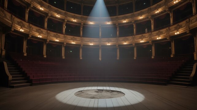 Empty historic theatre stage with spotlight illuminating the circular performance area - Powered by Adobe