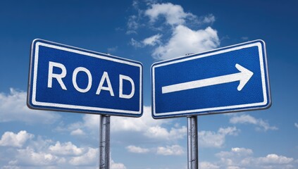 Obraz premium Two blue road signs, one displaying 