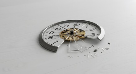 Broken clock with shattered glass on a white wood surface, symbolizing time management issues or loss.