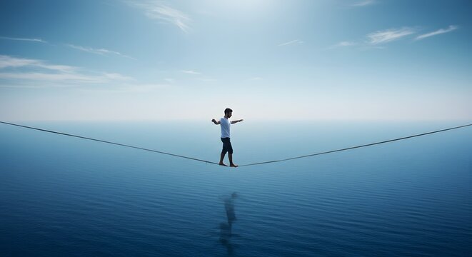 A man balances on a rope suspended above the ocean, embodying risk, focus, and a sense of adventure.