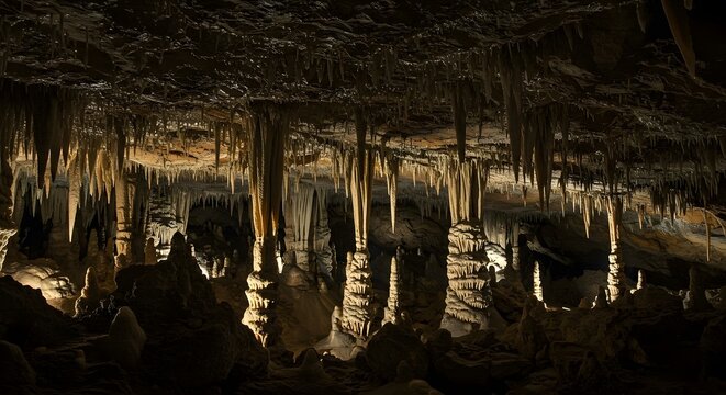 Illuminated cavern featuring intricate stalactites hanging from the ceiling and rising stalagmites below.