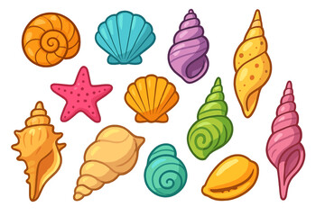 Colorful cartoon seashell collection. Vector illustration set of sea shells, starfish and conch. Marine life for summer beach design. Ocean nature objects on white background.