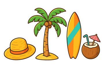 Summer vacation icon set. Tropical beach elements collection. Cartoon vector illustration of a palm tree, surfboard, coconut drink, and straw hat for holiday travel design.