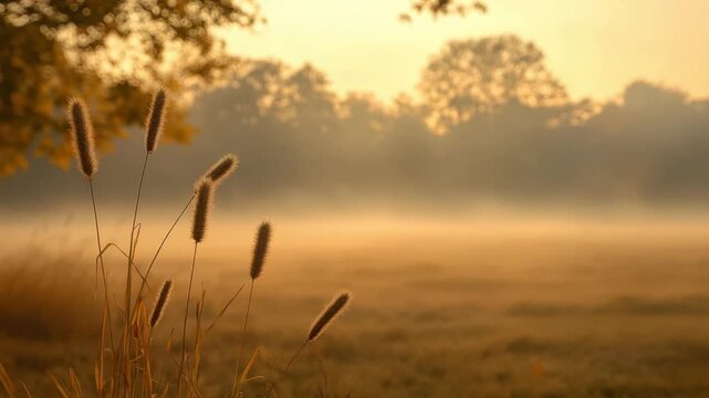 Tall grass seed heads in soft golden morning light with fog rolling over a field