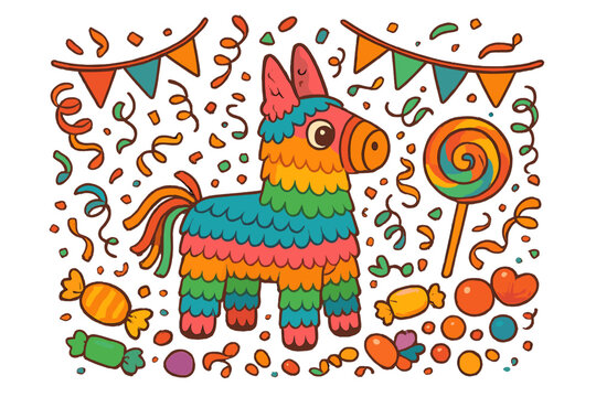 Colorful cartoon pinata for a Mexican fiesta or birthday party. Vector illustration with candy, lollipop, confetti, and garlands. Concept for celebration, fun, holiday, game.