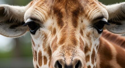 Close-up shot of a giraffe's face, showcasing its unique pattern, ears, and intense gaze.