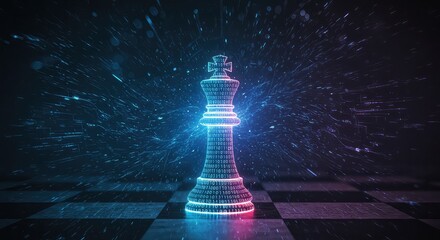 Stunning digital king chess piece illuminates with binary code amidst a futuristic, vibrant data stream, symbolizing strategic thinking and technological advancement