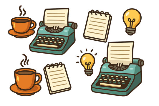 Creative writing concept vector set. Retro typewriter, coffee cup, notebook, light bulb idea icon. Storytelling, journalism, author, blogging, copywriter, freelance elements.