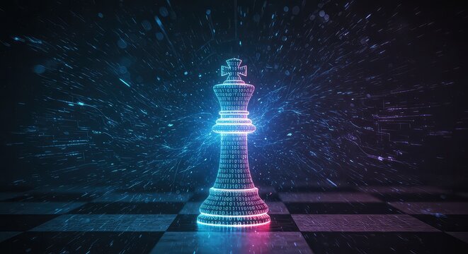 Stunning digital king chess piece illuminates with binary code amidst a futuristic, vibrant data stream, symbolizing strategic thinking and technological advancement