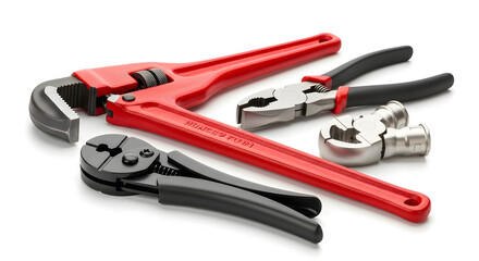 A set of essential plumbing and electrical tools including a red pipe wrench, pliers, and a crimper isolated on a clean white background