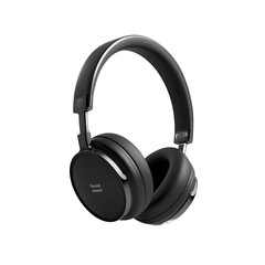 uniqe - Over-ear headphones with metallic frame, side angle, black matte finish, floating render