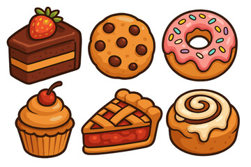 Cartoon baked goods vector set. Sweet food icons collection. Delicious pastry and dessert assortment: cake slice, cookie, donut, cupcake, pie, cinnamon roll. Bakery clipart.