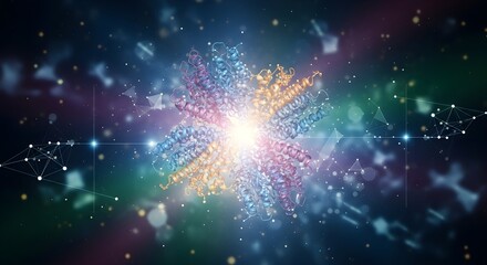 A vibrant, abstract visualization of a complex data network or quantum core glowing with energy in a futuristic digital space.