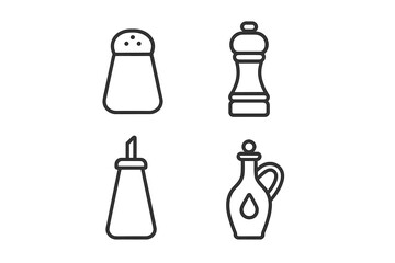 Kitchen seasoning and condiment line icon set. Salt shaker, pepper mill, sugar dispenser, and oil cruet. Simple outline pictogram collection for cooking and food concepts.