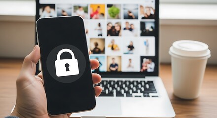 Hand holding a smartphone with a lock icon, with a laptop in the background, representing data security, privacy, and online protection in the digital age, showcasing the importance of cybersecurity a
