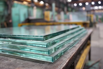 Stacked sheets of clear glass on a metal table in a factory setting