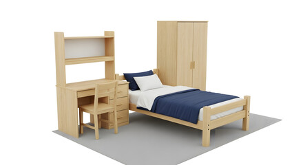 Minimalist wooden bedroom or dorm room furniture set with bed, desk, chair, and wardrobe. 3D rendered illustration on an isolated white background
