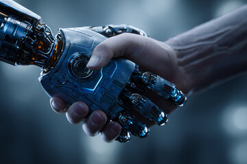 Futuristic handshake between a human hand and a robotic hand, symbolizing AI-human collaboration and cybernetic integration, high-tech digital background.