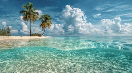 Tropical island paradise with two palm trees, a pristine beach, and turquoise water