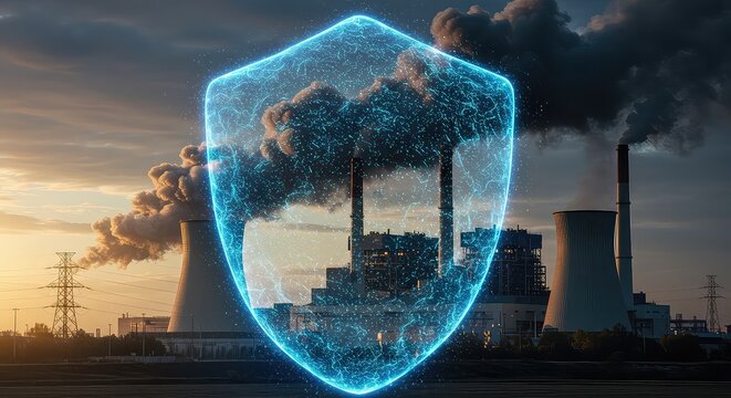 Futuristic digital shield protects industrial complex from pollution, symbolizing environmental innovation and corporate responsibility amidst smoky skies.