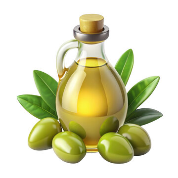 3d olive oil bottle with olives and leaves isolated on transparent background