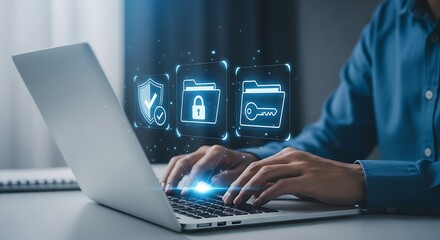 A person is typing on a laptop with digital icons representing security, data protection, and privacy, highlighting the importance of cybersecurity in the digital age for online access