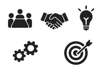 Solid glyph icon set for teamwork, business collaboration, and corporate strategy. Vector icons of group meeting, partnership handshake, innovation lightbulb, process gears, target goal.