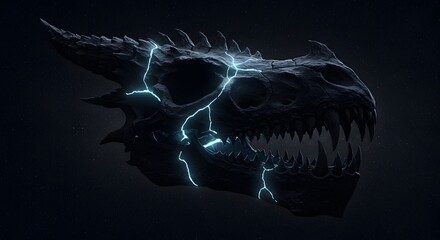 Dragon skull illuminated by electrical energy, casting an eerie glow. Dark fantasy with cosmic backdrop.