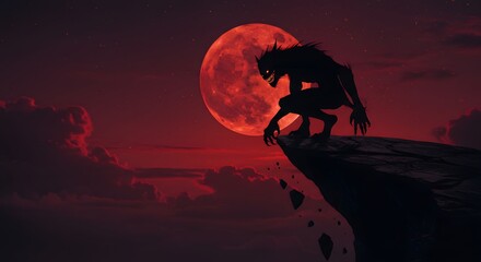 Silhouette of a menacing creature perched on a cliff under a full, blood-red moon, casting a spooky glow.