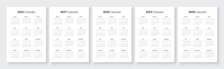2026, 2027, 2028, 2029, 2030 year annual calendars. White background English language. Printable vector illustration set.