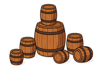 Wooden barrel set vector cartoon illustration. Rustic old wood cask for wine, beer, whiskey storage. Vintage container collection for winery, brewery or cellar concept design.